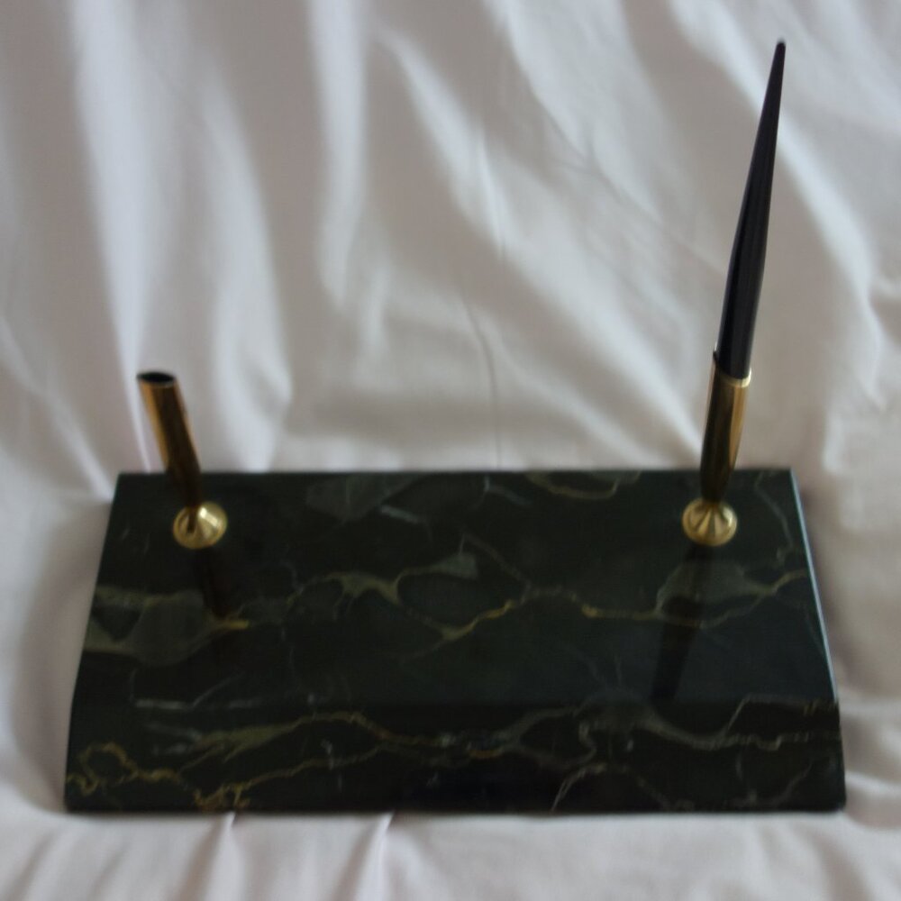 Vintage Sheaffer Desk Set featuring Italian Marble Base and Two Pen Sockets